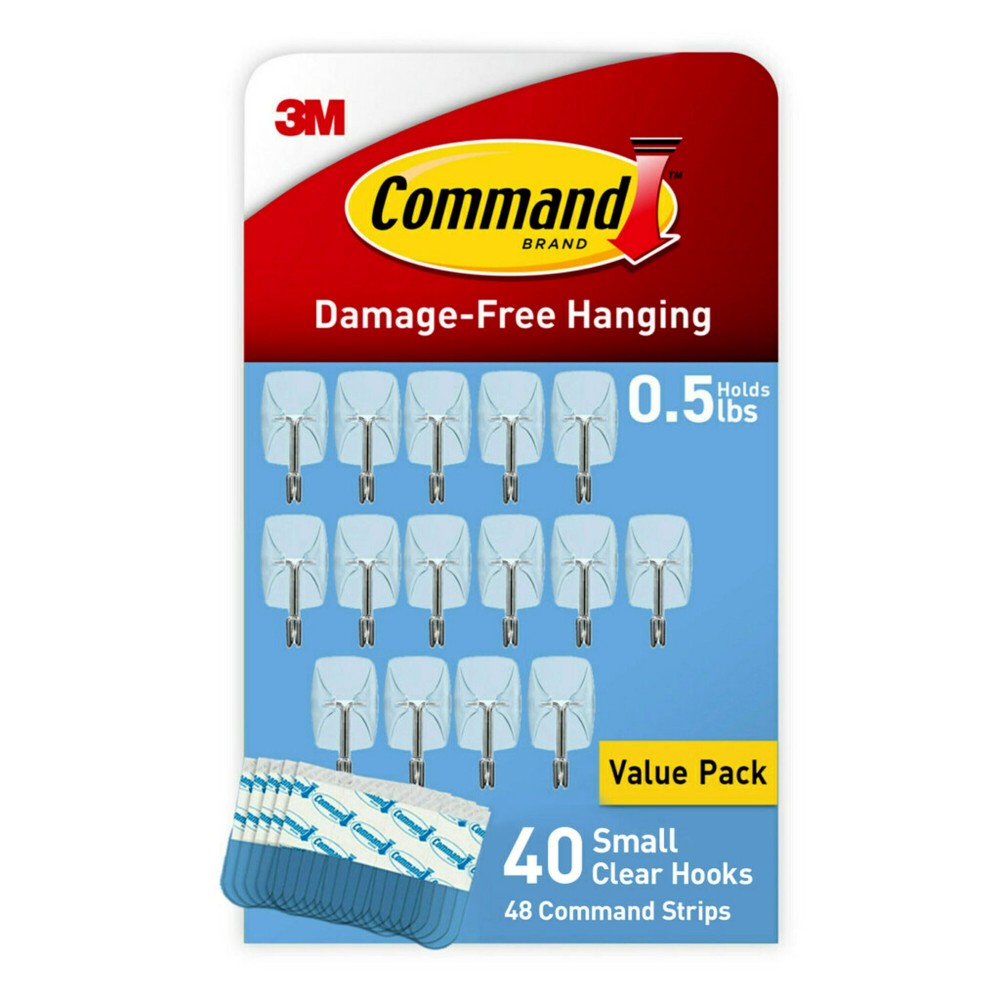 Command Small Wire Hooks, 40 Hooks, 48 Clear Adhesive Strips, Damage Free Hanging Picture Hangers, No Tools Wall Hanging for Back to School
