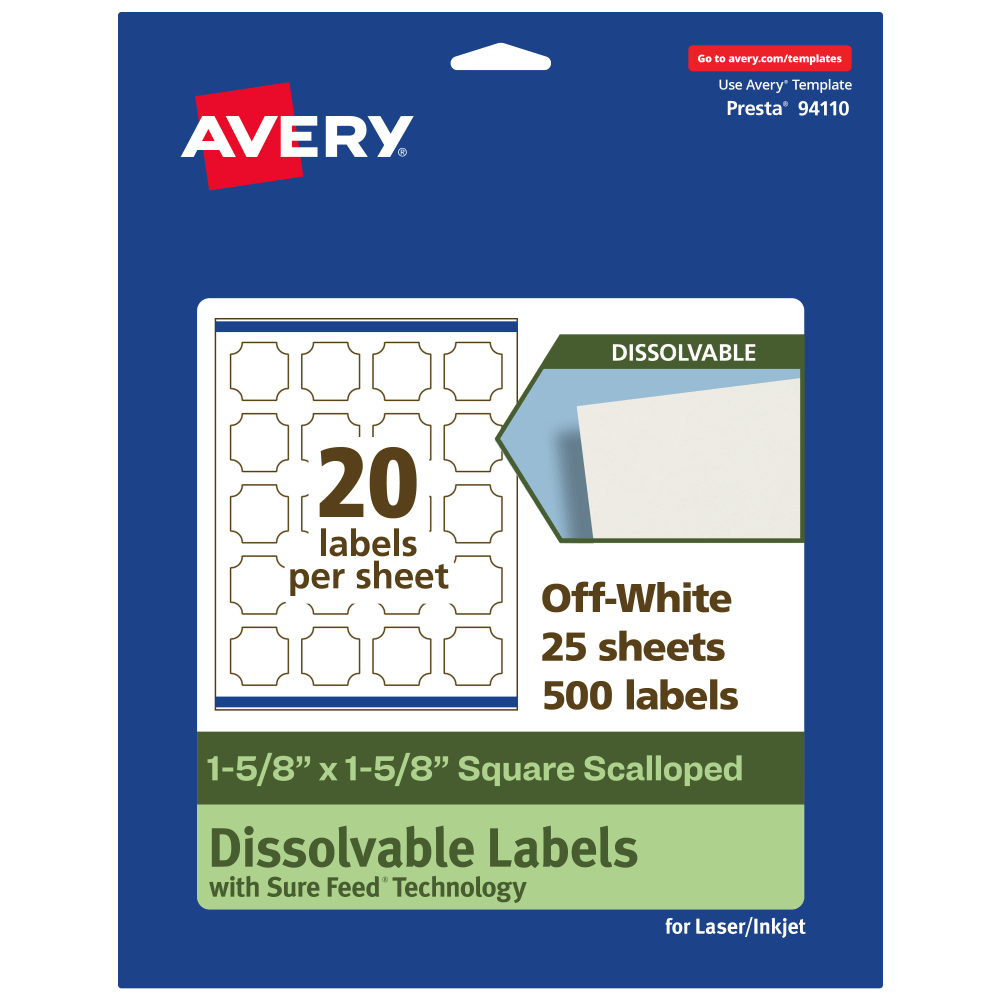 Avery Print-to-the-Edge Dissolvable Labels With Sure Feed Technology, 94110-DWMP25, Square Scalloped, 1-5/8inx1-5/8in, Matte Off-White, Pack Of 500
