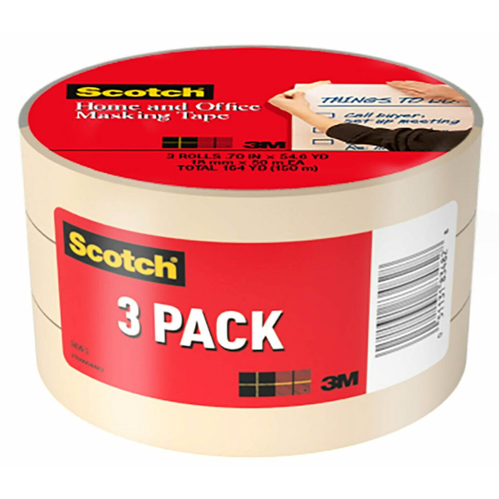 Scotch Home and Office Masking Tape, .7 in x 54.6 yd, 3 Tape Rolls, Great for Everyday Use, Strong Adhesive