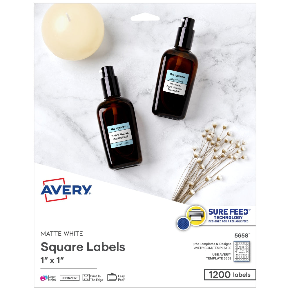 Avery Printable Labels With Sure Feed, Square, 1in x 1in, Matte White, Pack Of 1200