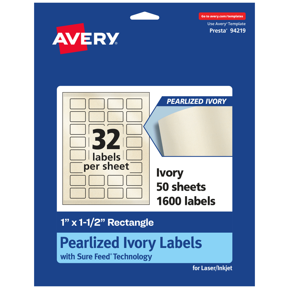 Avery Pearlized Permanent Labels With Sure Feed, 94219-PIP50, Rectangle, 1in x 1-1/2in, Ivory, Pack Of 1,600 Labels