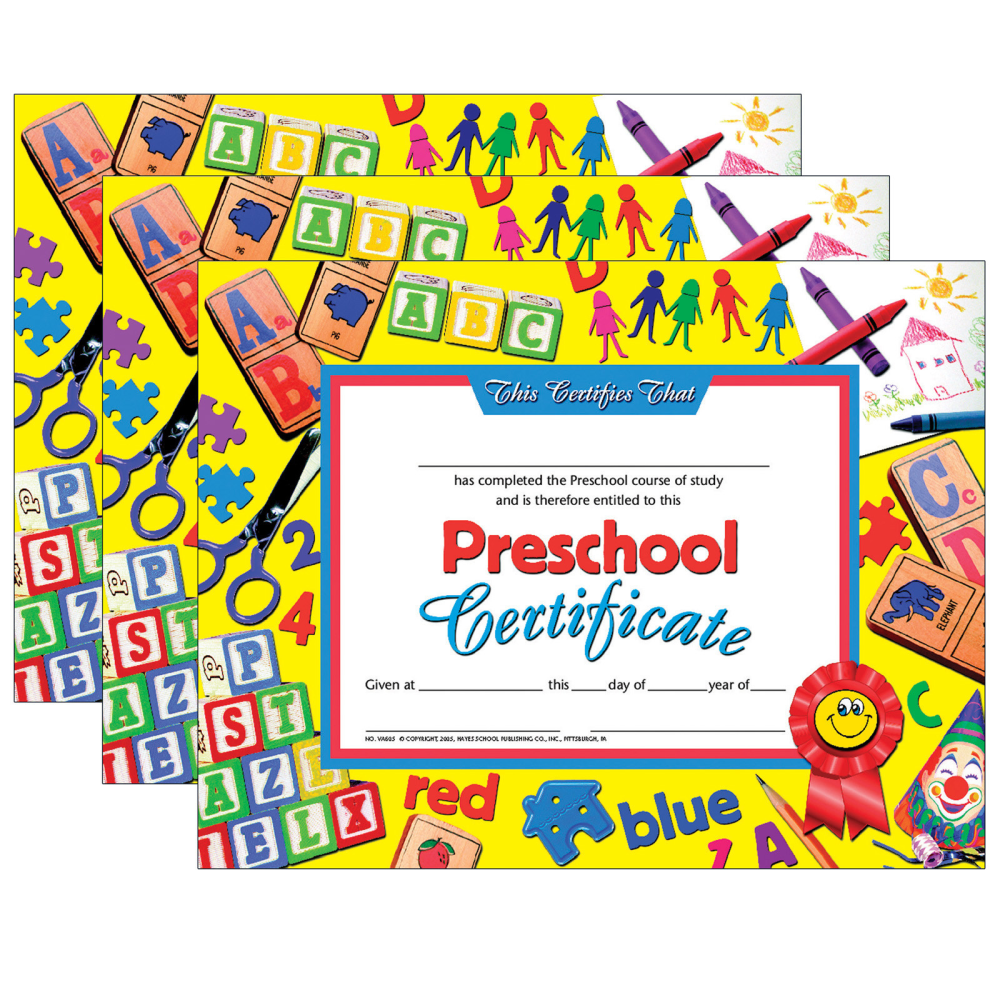Hayes Publishing Preschool Certificate, 8.5in x 11in, 30 Per Pack, Set Of 3 Packs