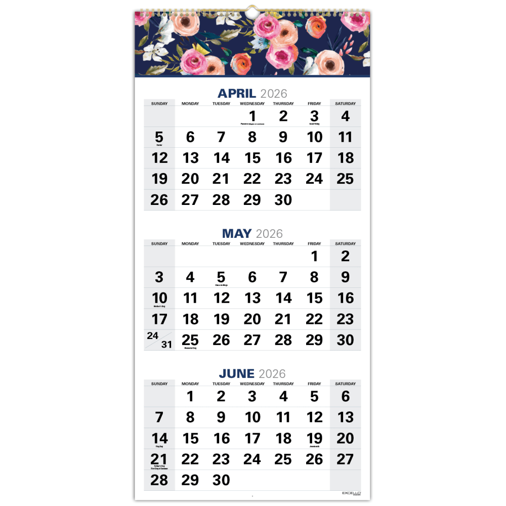 2026-2027 Excello Brands Academic Year Large Print 3-Month View Wall Calendar, 27in x 13in, Navy Floral, April To December, Total Qty 1