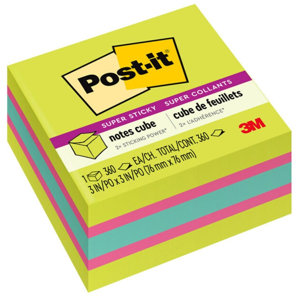 Post-it Super Sticky Notes, 3 x 3 in, 1 Cube Sticky Notes Pad, 360 Sheets/Pad, 2X the Sticking Power, School and Office Supplies, Supernova Neons