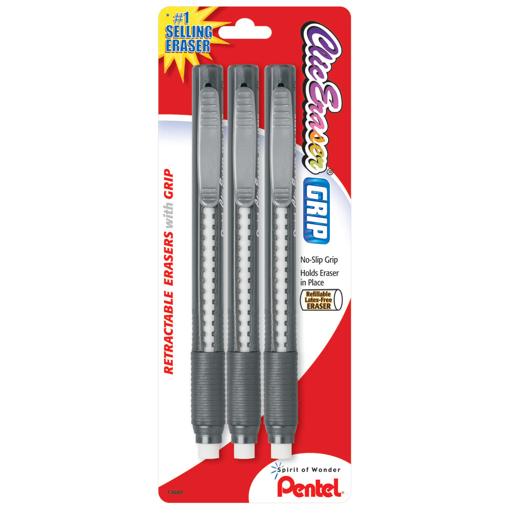 Pentel Clic Erasers, 5in, Assorted Barrel Colors, Pack Of 3