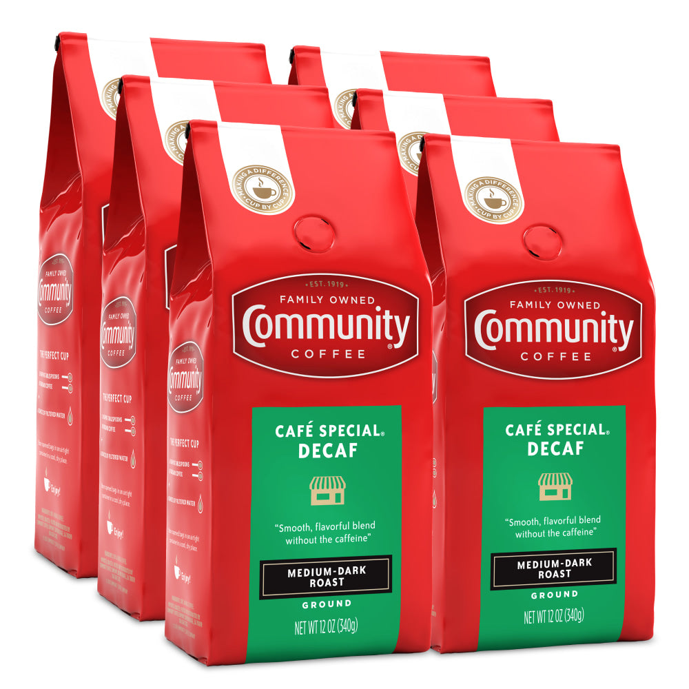 Community Coffee Arabica Ground Coffee, Cafe Special Decaf, 12 Oz Per Bag, Carton Of 6 Bags