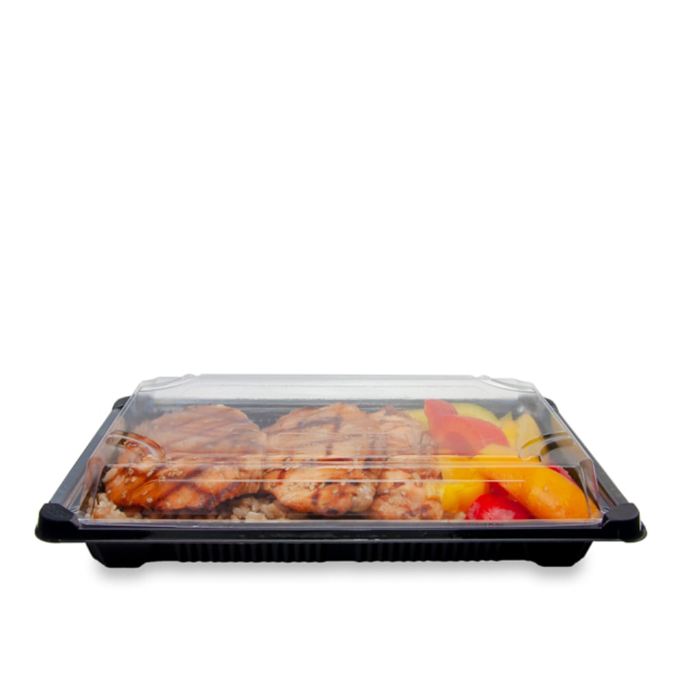 StalkMarket Compostable Food Trays, With Lids, 9.25in x 5.75in x 1.75in, Clear lids and black bottoms, Pack of 300 Trays