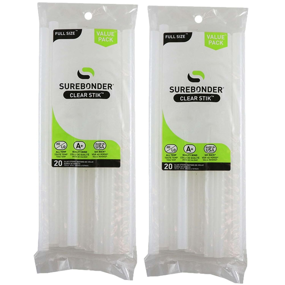 Surebonder Dual Temp Full Size Glue Sticks, Clear, 10in x 7/16in, Clear, Pack Of 20 Sticks, Set Of 2 Packs
