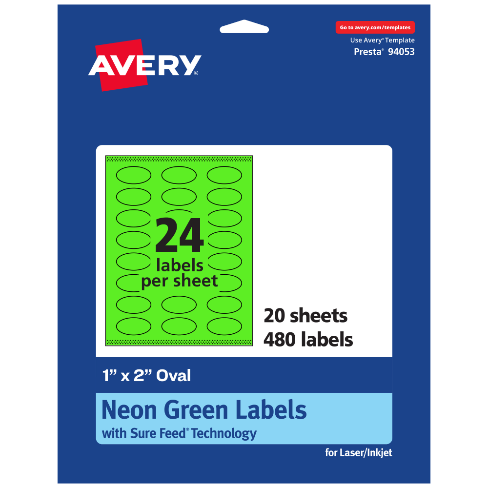 Avery Print-To-The-Edge Labels With Sure Feed Technology And Easy Peel Label Feature, 94053-NGP20, Oval, 1in x 2in, Matte Neon Green, Pack of 480