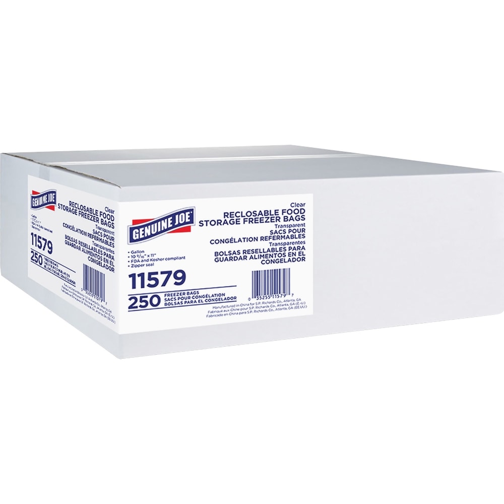 Genuine Joe Freezer Storage Bags, 1 gal Capacity, 2.70 mil (69 Micron) Thickness, Zipper Closure, Clear, 250 Count- 11579