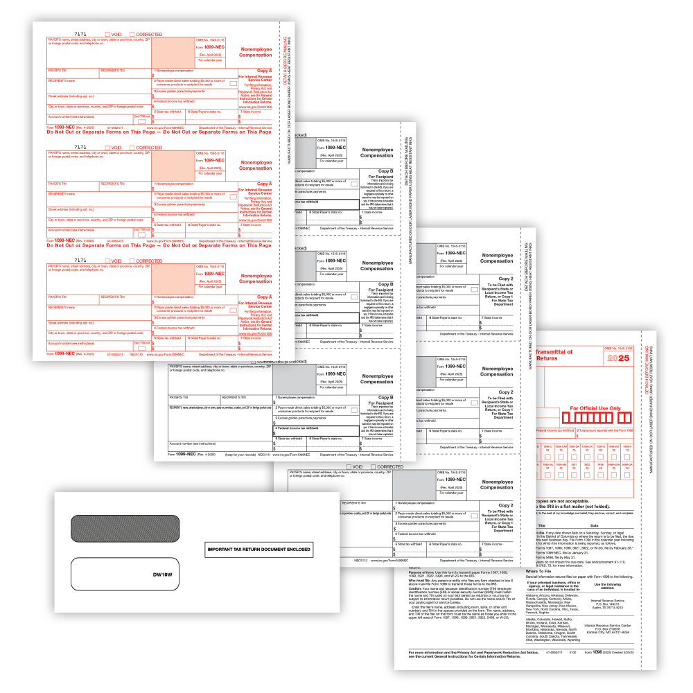 ComplyRight 1099-NEC Tax Forms Set, 5-Part, 3-Up, Copies A/B/C, 8-1/2in x 11in, with Envelopes, Pack Of 100