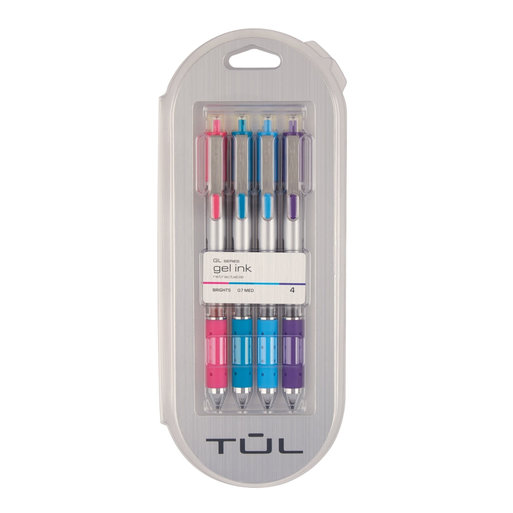 TUL Retractable Gel Pens, Medium Point, 0.7 mm, Silver Barrel, Assorted Ink, Pack Of 4