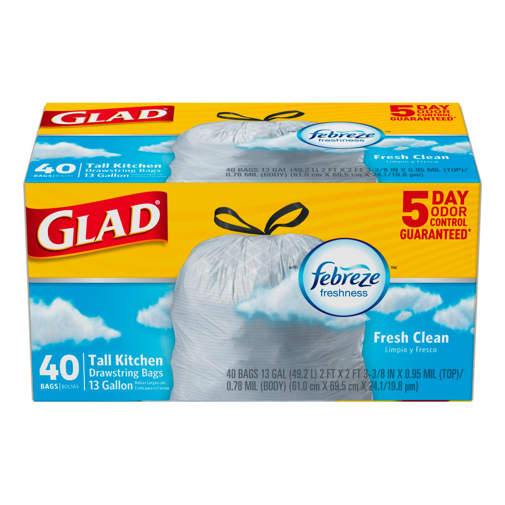 Glad ForceFlex Tall Kitchen Drawstring Trash Bags, 0.78 mil, Fresh Clean with Febreze Freshness - 13 gal Capacity - 78361CT, 40-Pack