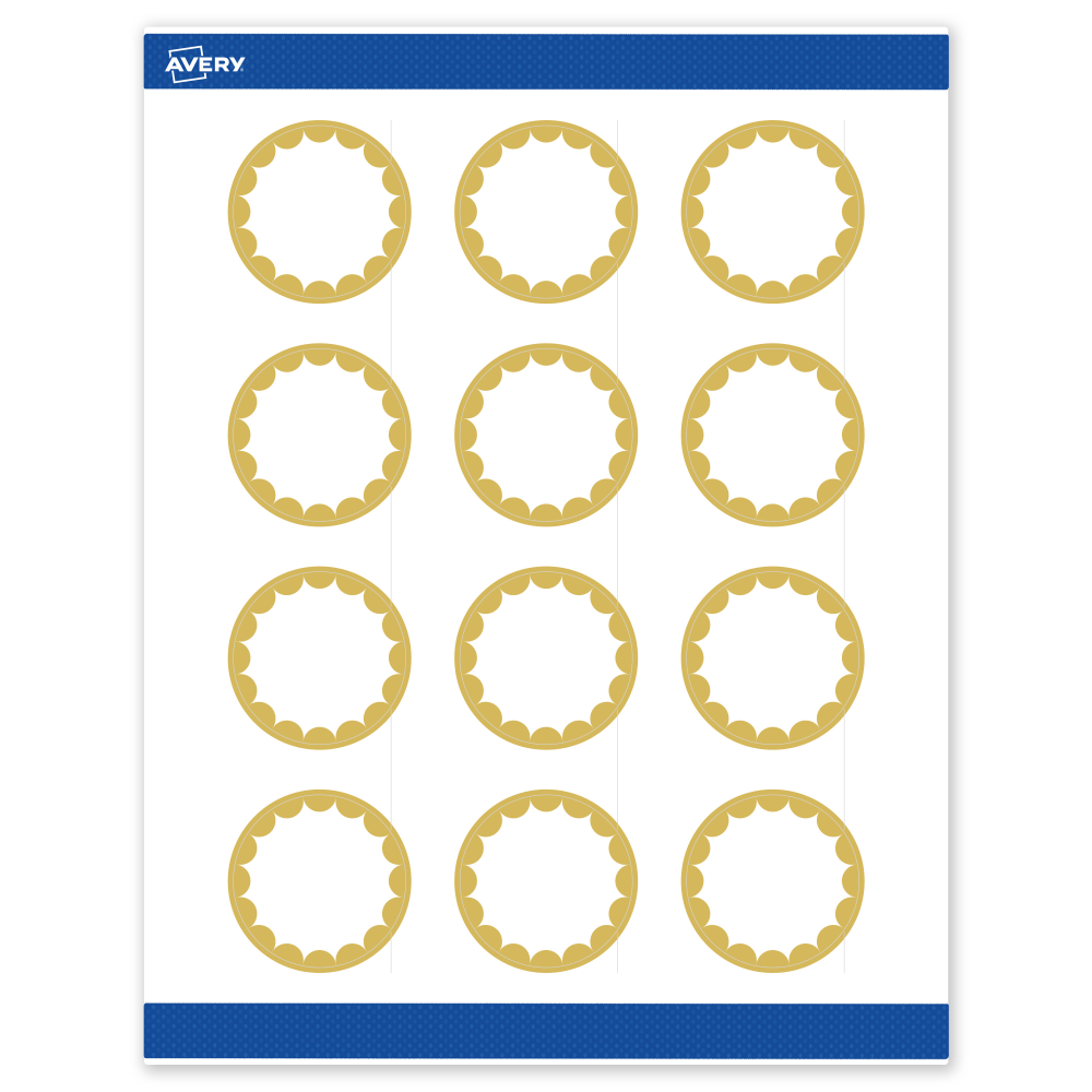 Avery Print-To-The-Edge Labels With Sure Feed Technology, S00-D1W-PRWMP10, Round, 2in, Matte White, Preprinted Gold Dots Edge Design, Pack Of 120