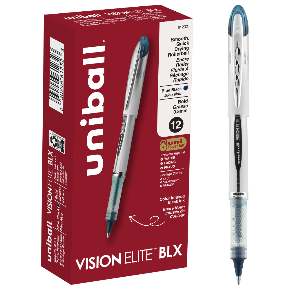 uni-ball Vision Elite Liquid Ink Rollerball Pens, Bold Point, 0.8 mm, White Barrel, Blue/Black Ink, Pack Of 12