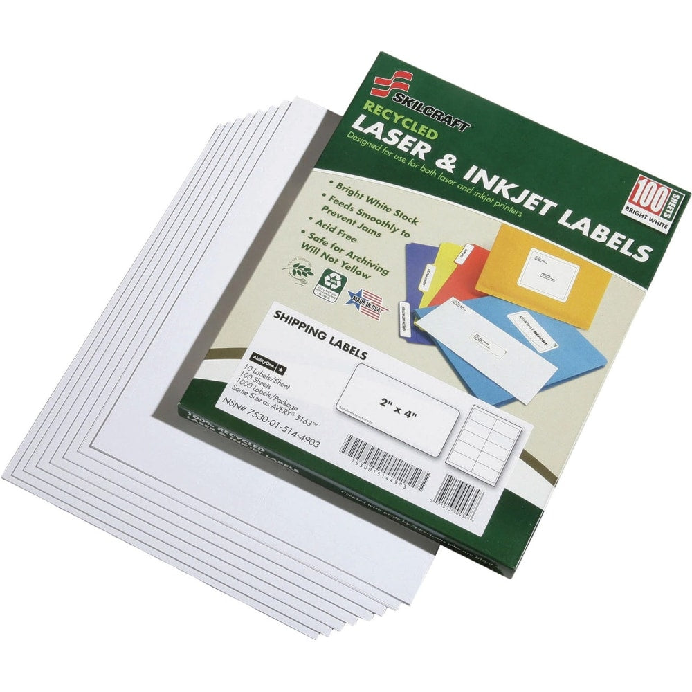 SKILCRAFT 100% Recycled Inkjet/Laser Shipping Labels, Rectangle, 2in x 4in, White, 10 Sheets Per Pack, Box Of 25 Packs (AbilityOne 7530-01-578-9293)