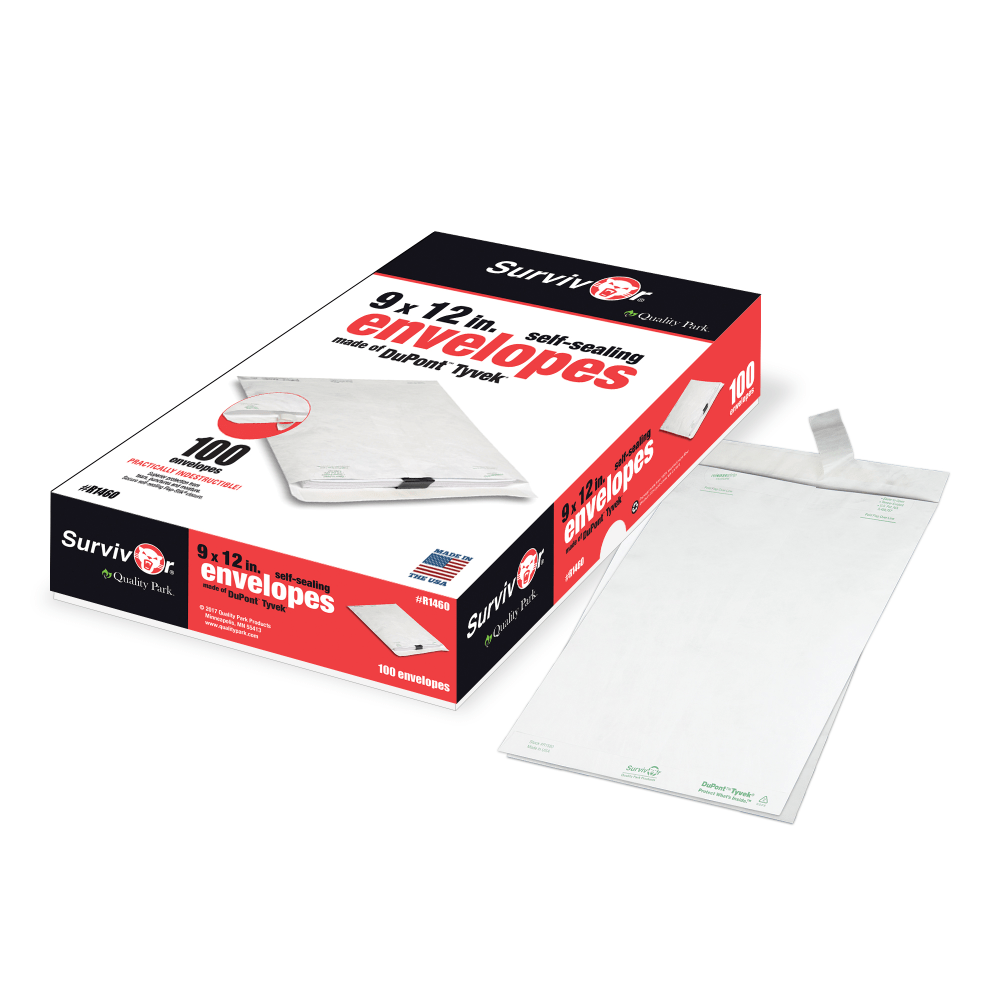 Quality Park Tyvek 9in x 12in Envelopes, Self-Adhesive, White, Box Of 100