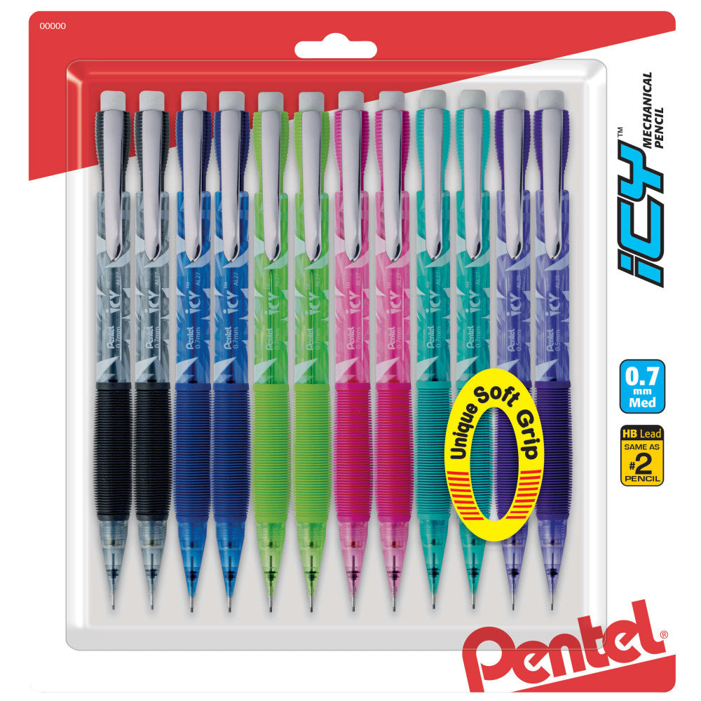 Pentel Icy Mechanical Pencils, 0.7mm, #2 Lead, Assorted Barrel Colors, Pack Of 12