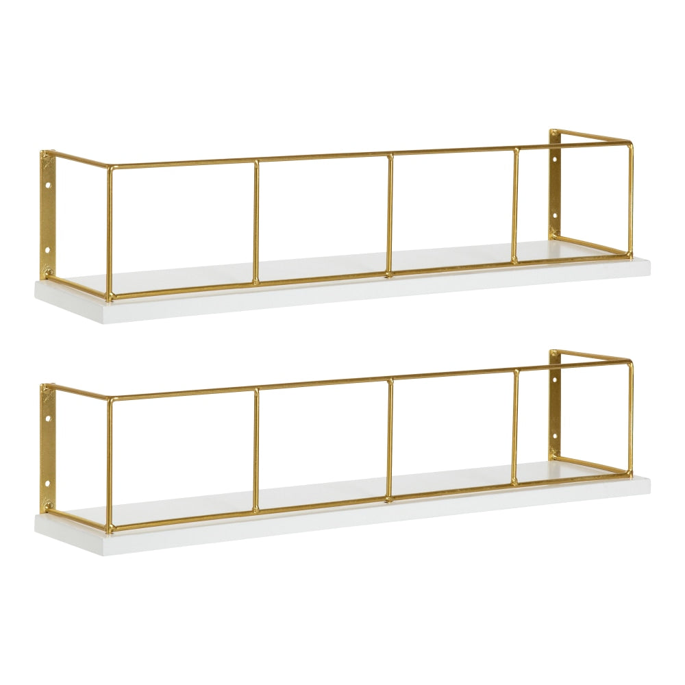 Kate and Laurel Benbrook Wall Shelves, 4inH x 18inW x 4inD, White/Gold, Set Of 2 Shelves