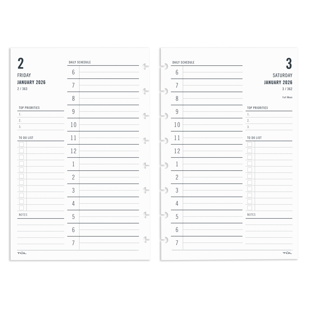 2026 TUL Discbound Daily Planner Refill Pages, Junior Size, January To December