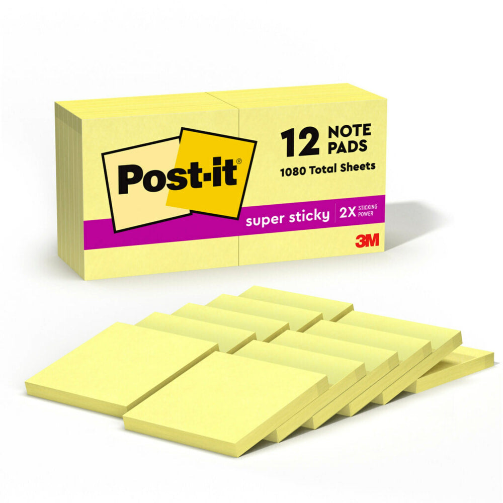 Post-it Super Sticky Notes, 3 x 3 in, 12 Sticky Note Pads, 90 Sheets/Pad, 2x the Sticking Power, Back to School Supplies, Canary Yellow