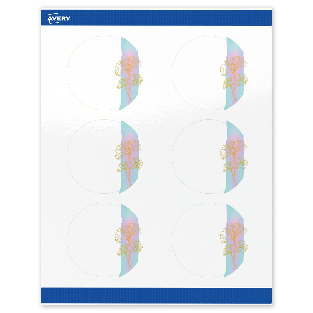 Avery Printable Labels With Sure Feed Technology, S00-EVG, Round, 3in, Glossy White With Preprinted Watercolor/Gold Leaf Design, Pack Of 60