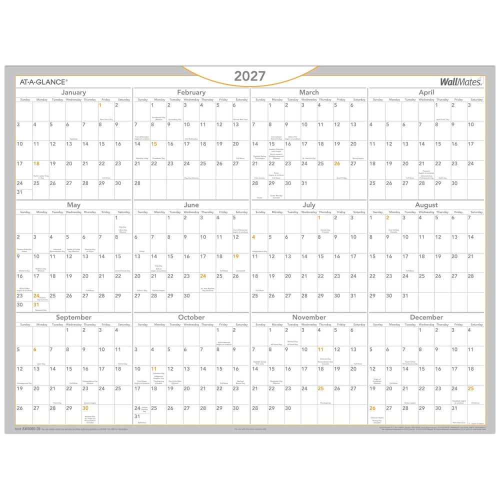 AT-A-GLANCE 2027 WallMates Self-Adhesive Dry-Erase Yearly Calendar, Large, 24in x 18in