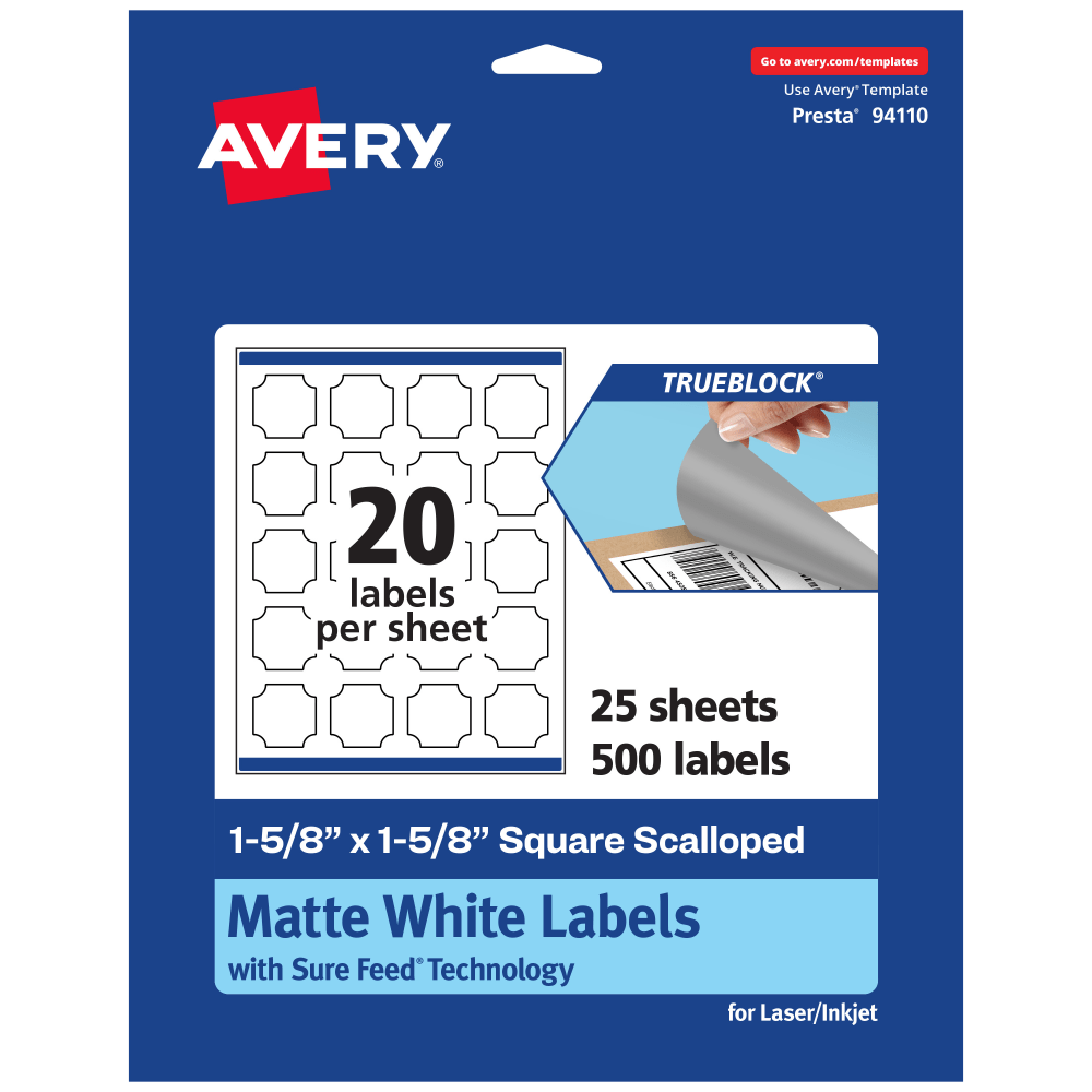 Avery Print-To-The-Edge TrueBlock Labels With Sure Feed, 94110-TWMP25, Square Scalloped, 1-5/8in x 1-5/8in, Matte White, Pack Of 500