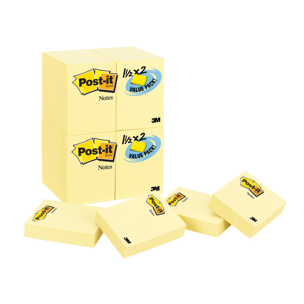 Post-it Notes, 1-1/2in x 2in, Canary Yellow, 90 Sheets, Pack Of 24 Pads