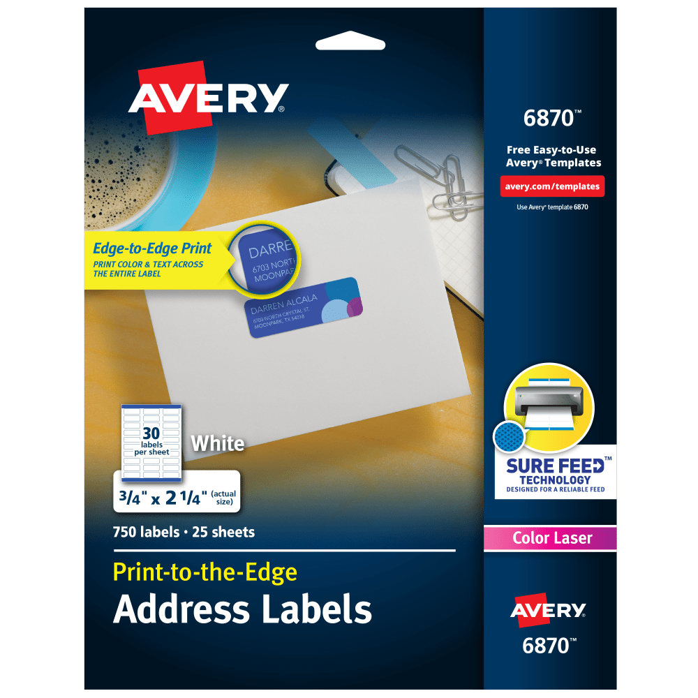Avery Print-to-the-Edge Copier Address Labels - 3/4inx 2 1/4in - Permanent Adhesive - Rectangle - Laser - 6870