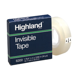 3M Highland 6200 Invisible Tape, 1/2in x 1,296in, Clear