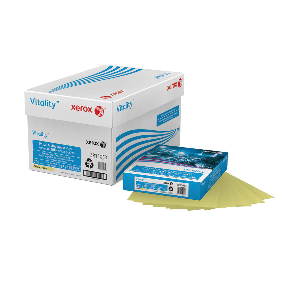 Xerox Vitality Pastel Color Multi-Use Printer & Copy Paper, 10 Reams, Yellow, Letter Size, 5000 Sheets Per Case, 20 Lb, 30% Recycled - 3R11053-CT