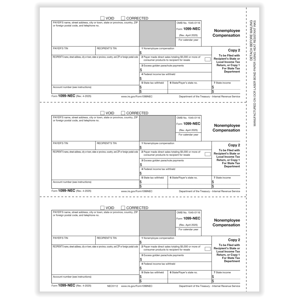 ComplyRight 1099-NEC Tax Forms, Payer Copy 2/1, 3-Up, 8-1/2in x 11in, Pack Of 150 Forms