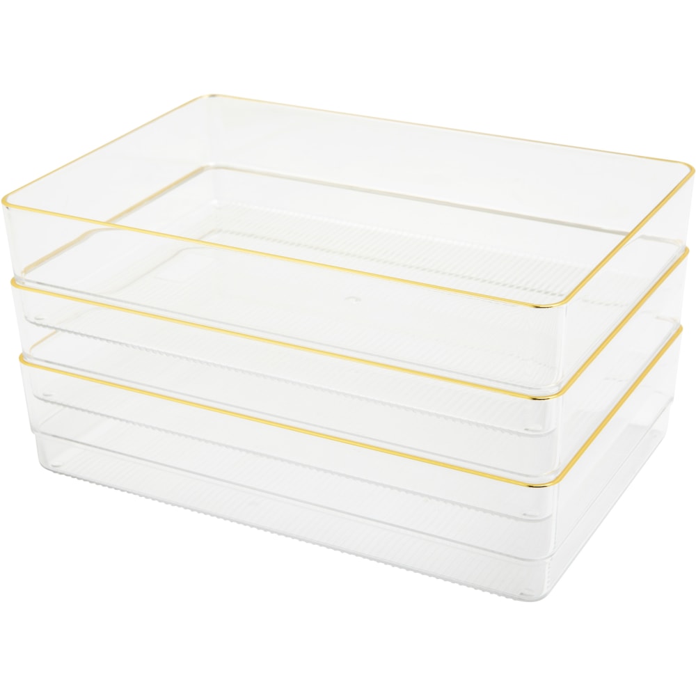 Martha Stewart Kerry Plastic Stackable Office Desk Drawer Organizers, 2inH x 6inW x 9inD, Clear/Gold Trim, Pack Of 3 Organizers