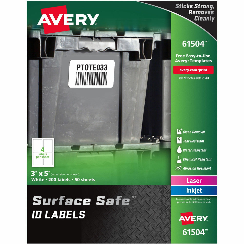 Avery Surface Safe ID Labels - Removable Adhesive - 3inx 5in - Rectangle - Laser, Inkjet - White - Polyester - 4 / Sheet - 50 Total Sheets - 200 / Pack