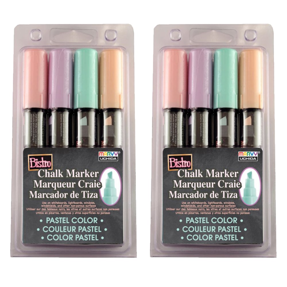 Marvy Uchida Bistro Chalk Markers, Chisel Tip, Assorted Colors, 4 Pens Per Pack, Set Of 2 Packs