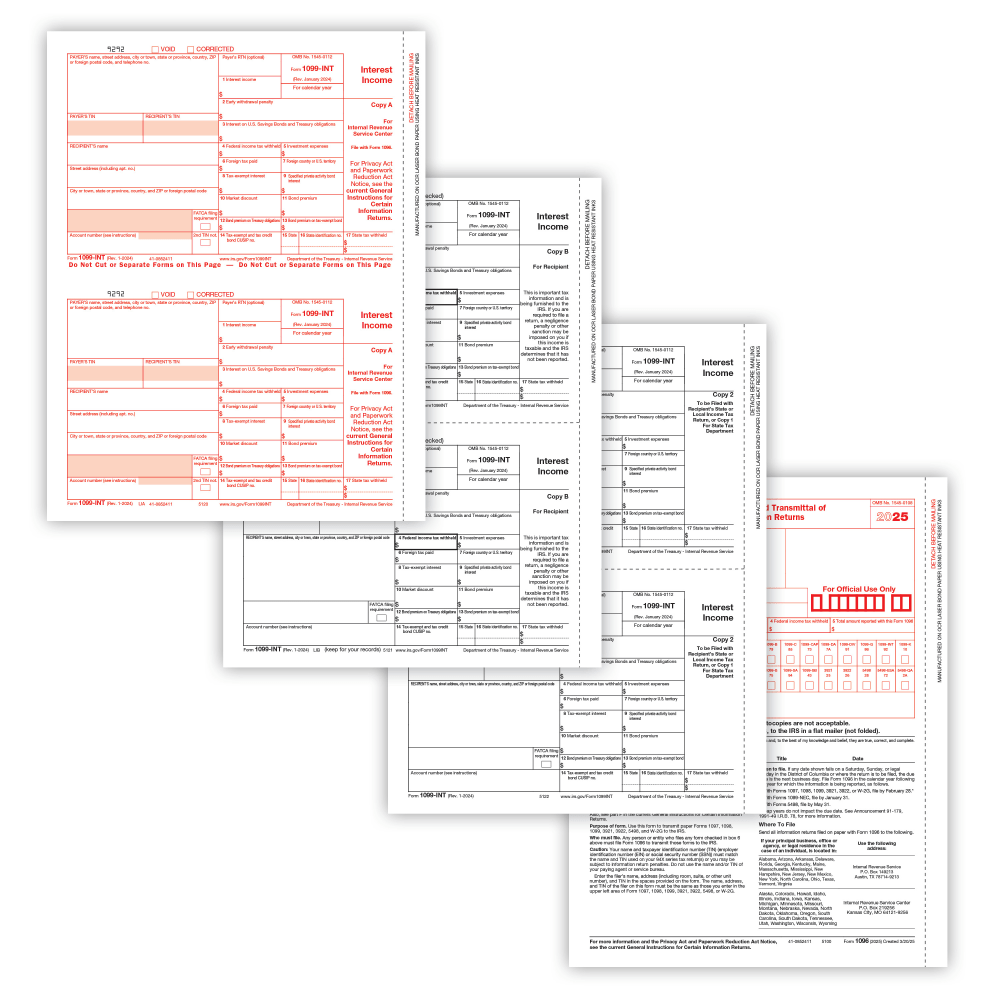 ComplyRight 1099-INT Tax Forms Set, 4-Part, Copy A, B, State/File, State/File, 2-Up, 8-1/2in x 11in, Pack Of 50 Forms, 610625
