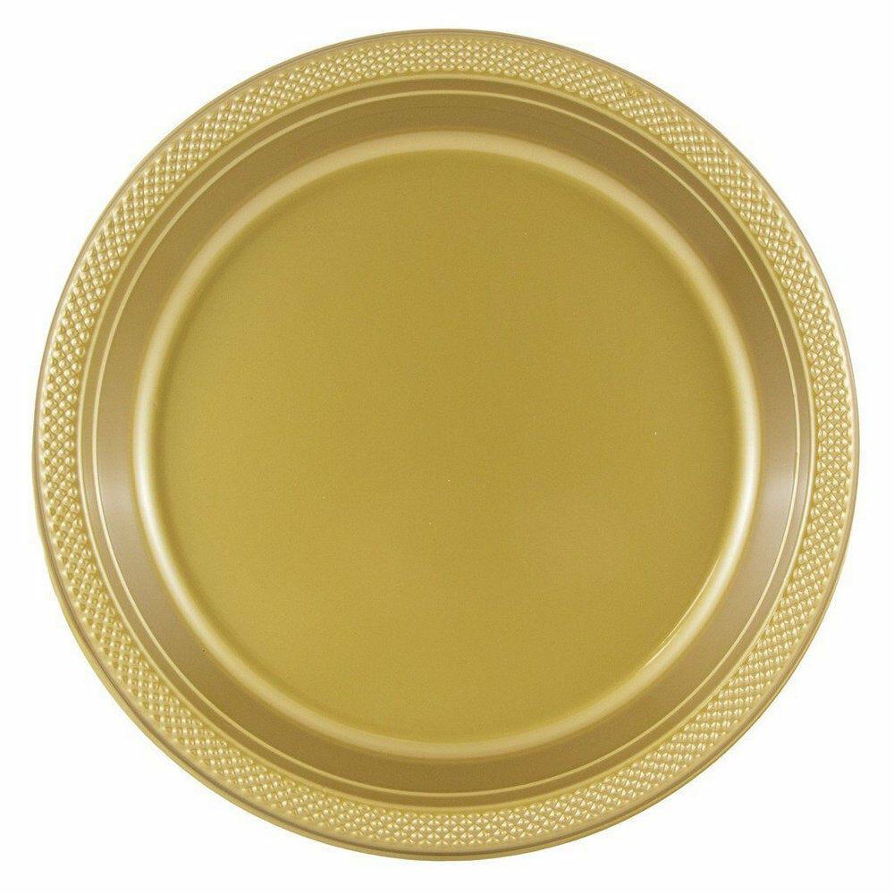 JAM PAPER Round Plastic Party Plates, Large, 10 1/4 inch, Gold, 20/Pack