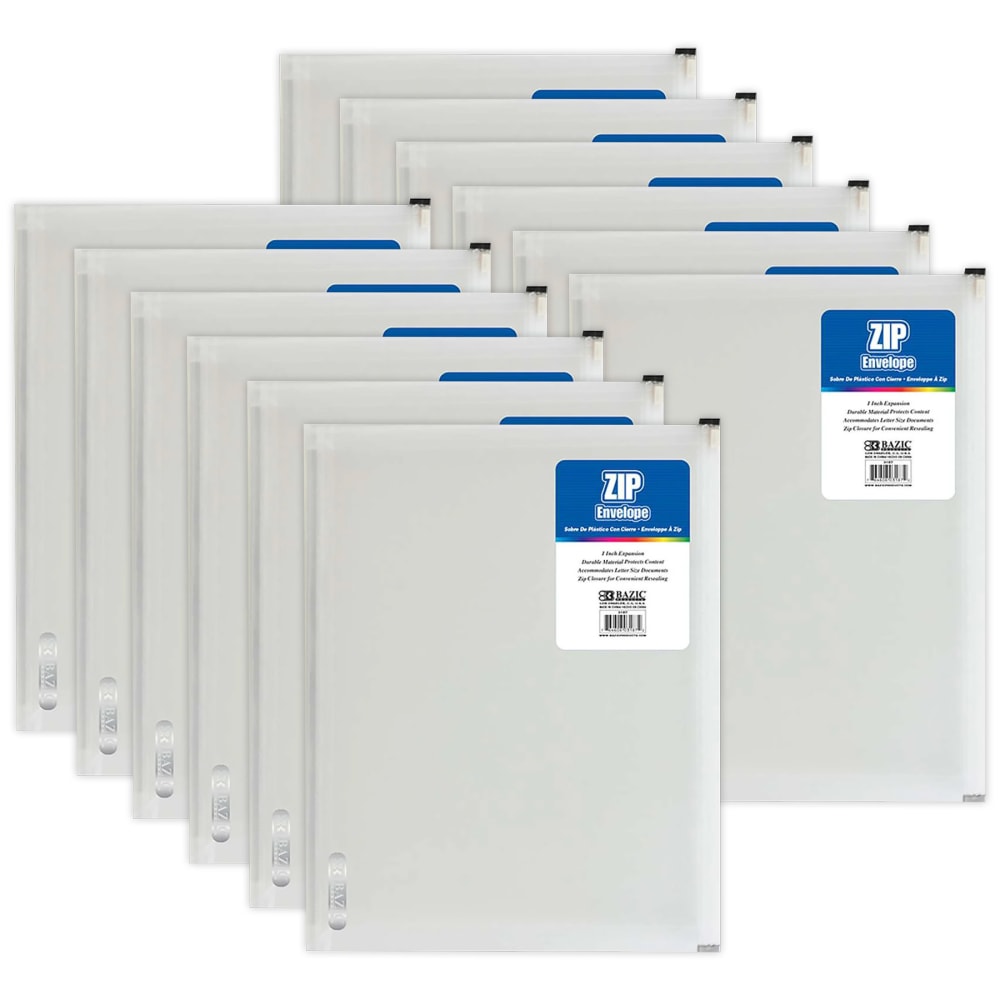 BAZIC Products Zip Envelope, Letter Size, Clear, Pack Of 12