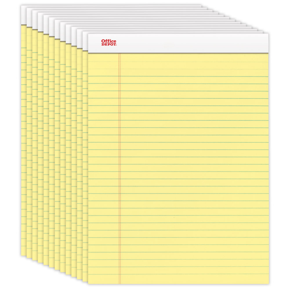 Office Depot Brand Writing Pads, 8-1/2in x 11-3/4in, Legal/Wide Ruled, 50 Sheets, Canary, Pack Of 12 Pads
