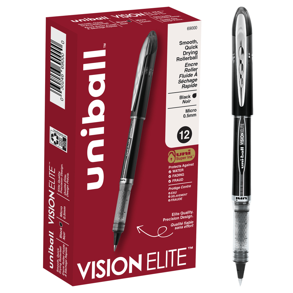 uni-ball Vision Elite Liquid Ink Rollerball Pens, Micro Point, 0.5 mm, Black Barrel, Black Ink, Pack Of 12