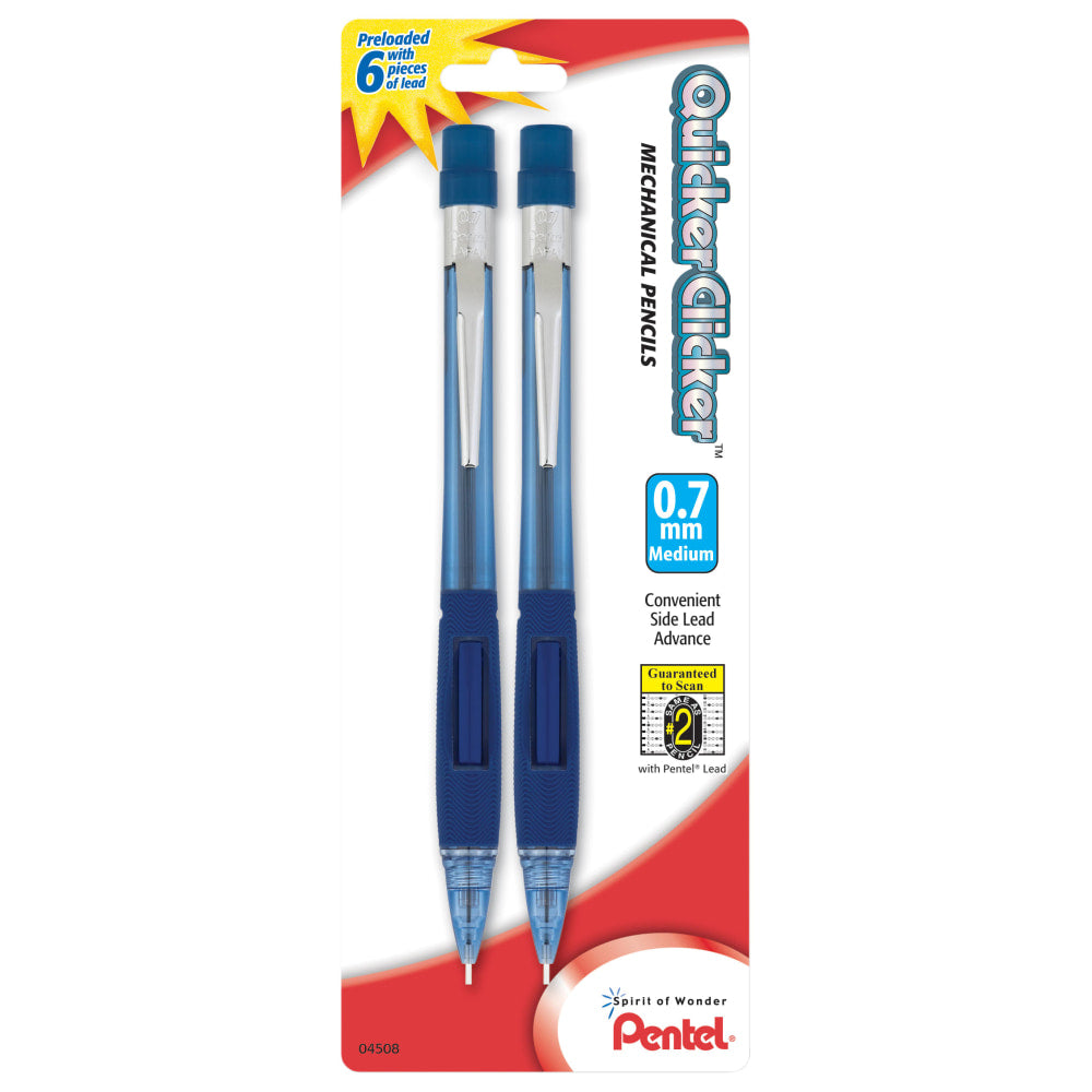 Pentel Quicker Clicker Mechanical Pencil, 0.7mm, #2 Lead, Transparent Blue Barrel, Pack Of 2