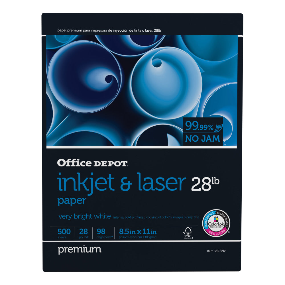 Office Depot Inkjet And Laser Paper, 1 Ream, White, Letter Size (8 1/2in x 11in), Ream Of 500 Sheets, 28 Lb, 98 Brightness