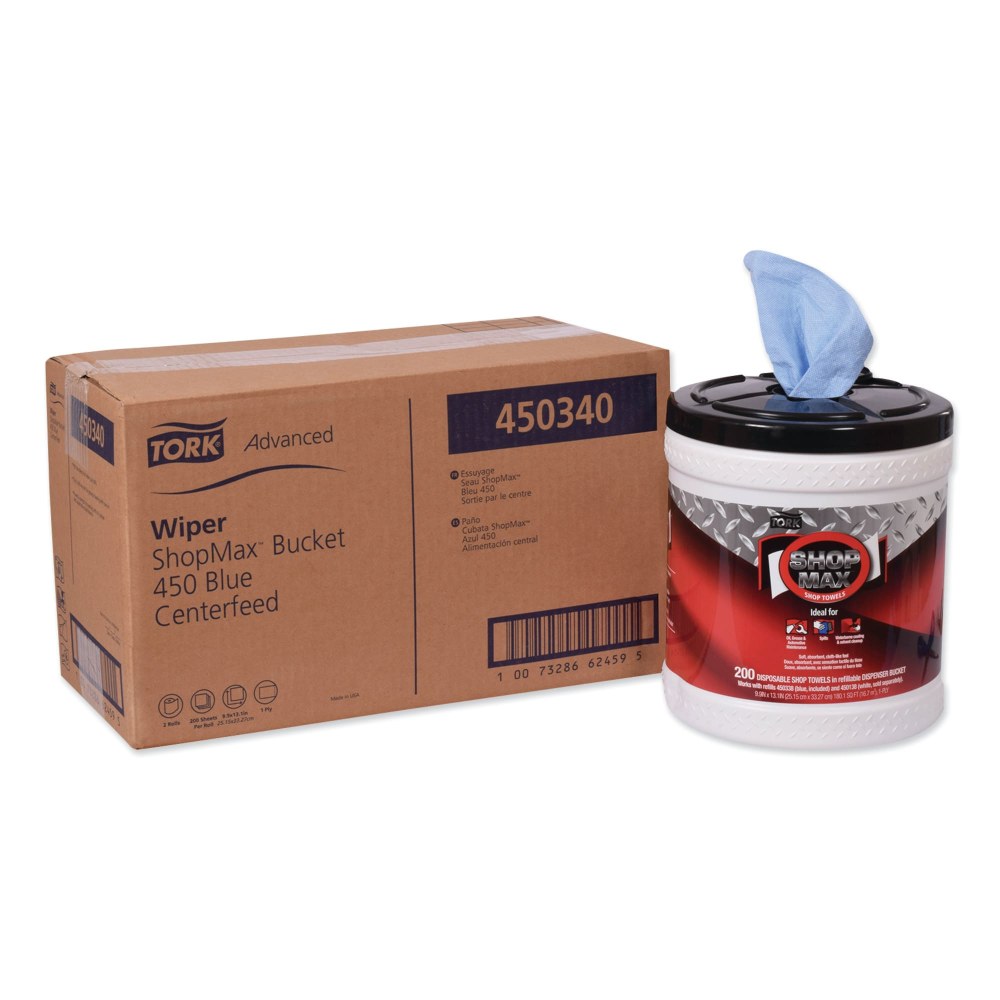 Tork Advanced ShopMax Wiper 450, 8.5 x 10, Blue, 200/Bucket, 2 Buckets/Carton