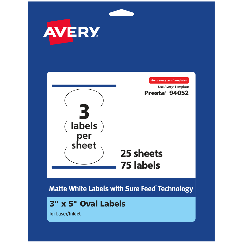 Avery Permanent Labels With Sure Feed, 94052-WMP25, Oval, 3in x 5in, White, Pack Of 75