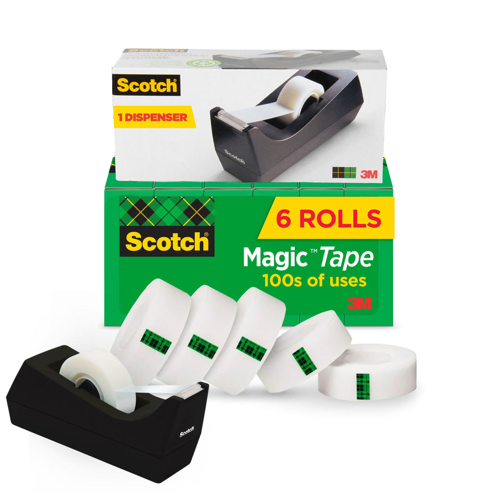 Scotch Magic Tape with Dispenser, Invisible, 3/4 x 1000 in, 6 Tape Rolls, Clear, Back to School Supplies, College Supplies, and Teacher Supplies