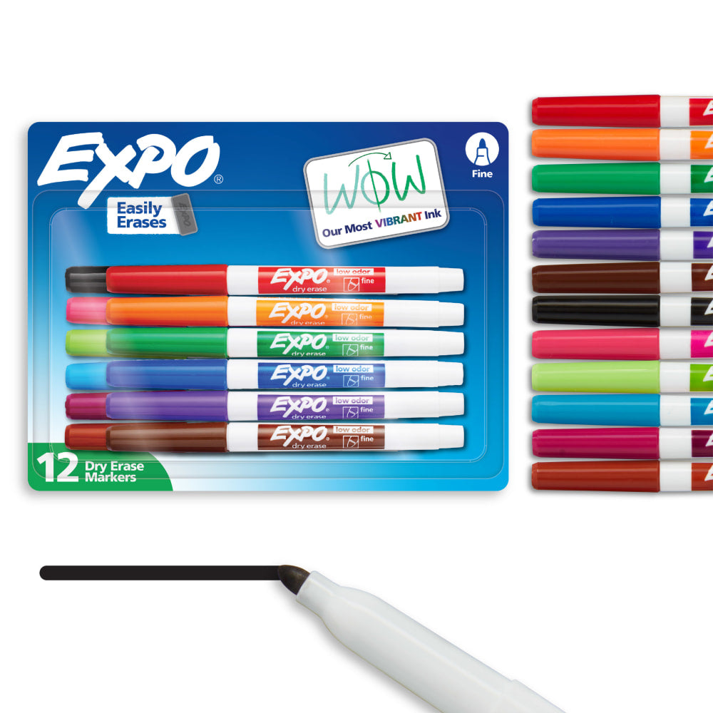 EXPO Low-Odor Dry-Erase Markers, Fine Point, Assorted Colors, Pack Of 12