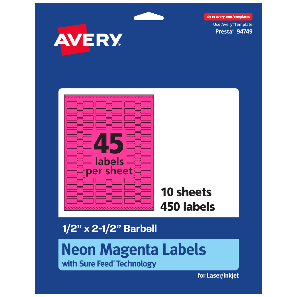 Avery Printable Labels With Sure Feed Technology, 94749-NMP10, Barbell, 1/2in x 2-1/2in, Matte Neon Magenta, Pack of 450