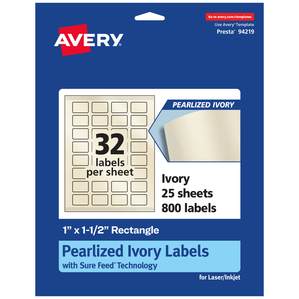 Avery Pearlized Permanent Labels With Sure Feed, 94219-PIP25, Rectangle, 1in x 1-1/2in, Ivory, Pack Of 800 Labels