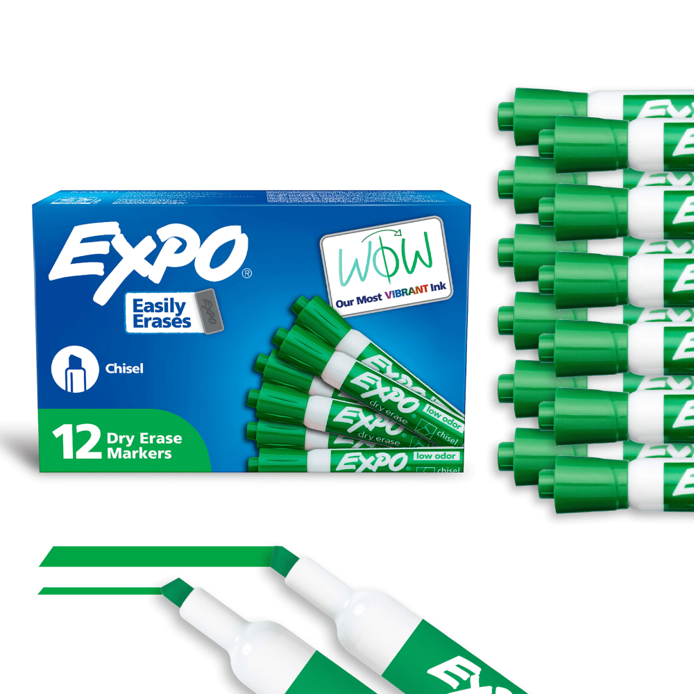 EXPO Low-Odor Dry-Erase Marker, Chisel Point, Green, Pack of 12